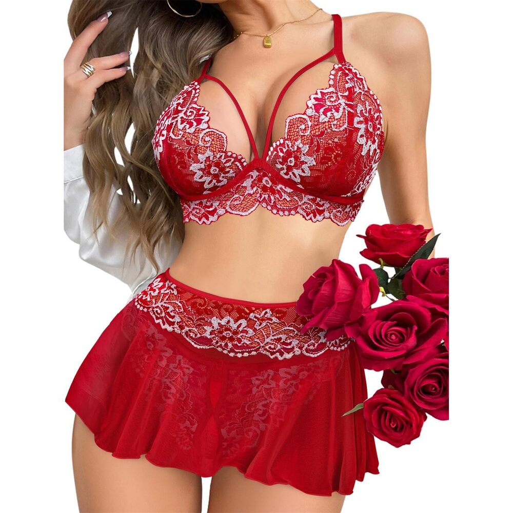 1757 Plus Size Cruvy Sexy Mini Skirt With G-String Floral Lace Sheer